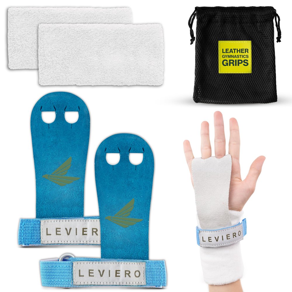 LEVIERO Palmies Gymnastics Grips, Grips for Gymnastics, Multipurpose Soft Leather Grips with Adjustable Finger Holes, Weightlifting, Kettlebell, Cross Training Workouts for All Ages - (Aqua, Large)