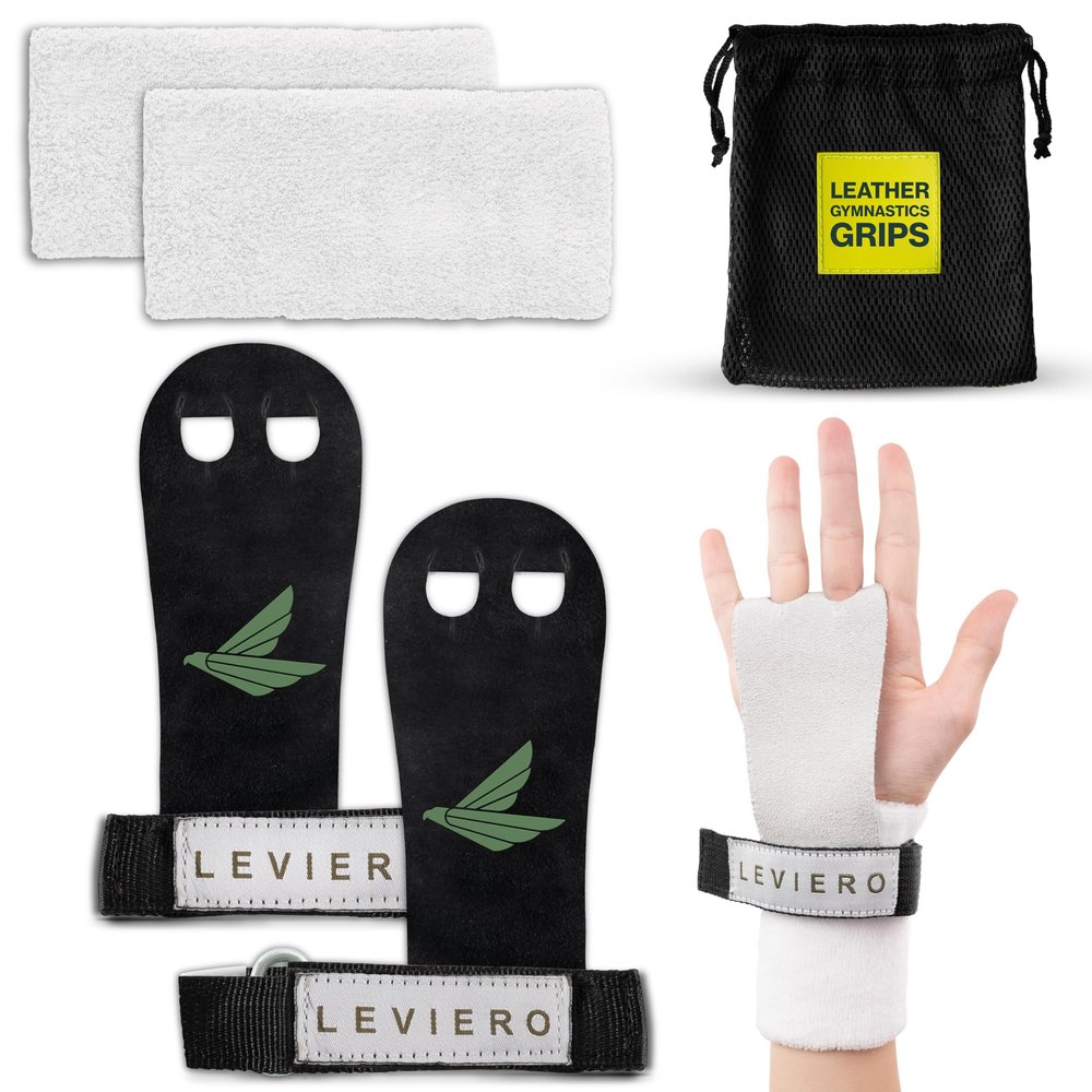 LEVIERO Palmies Gymnastics Grips, Grips for Gymnastics, Multipurpose Soft Leather Grips with Adjustable Finger Holes, Weightlifting, Kettlebell, Cross Training Workouts for All Ages - (Black, Small)