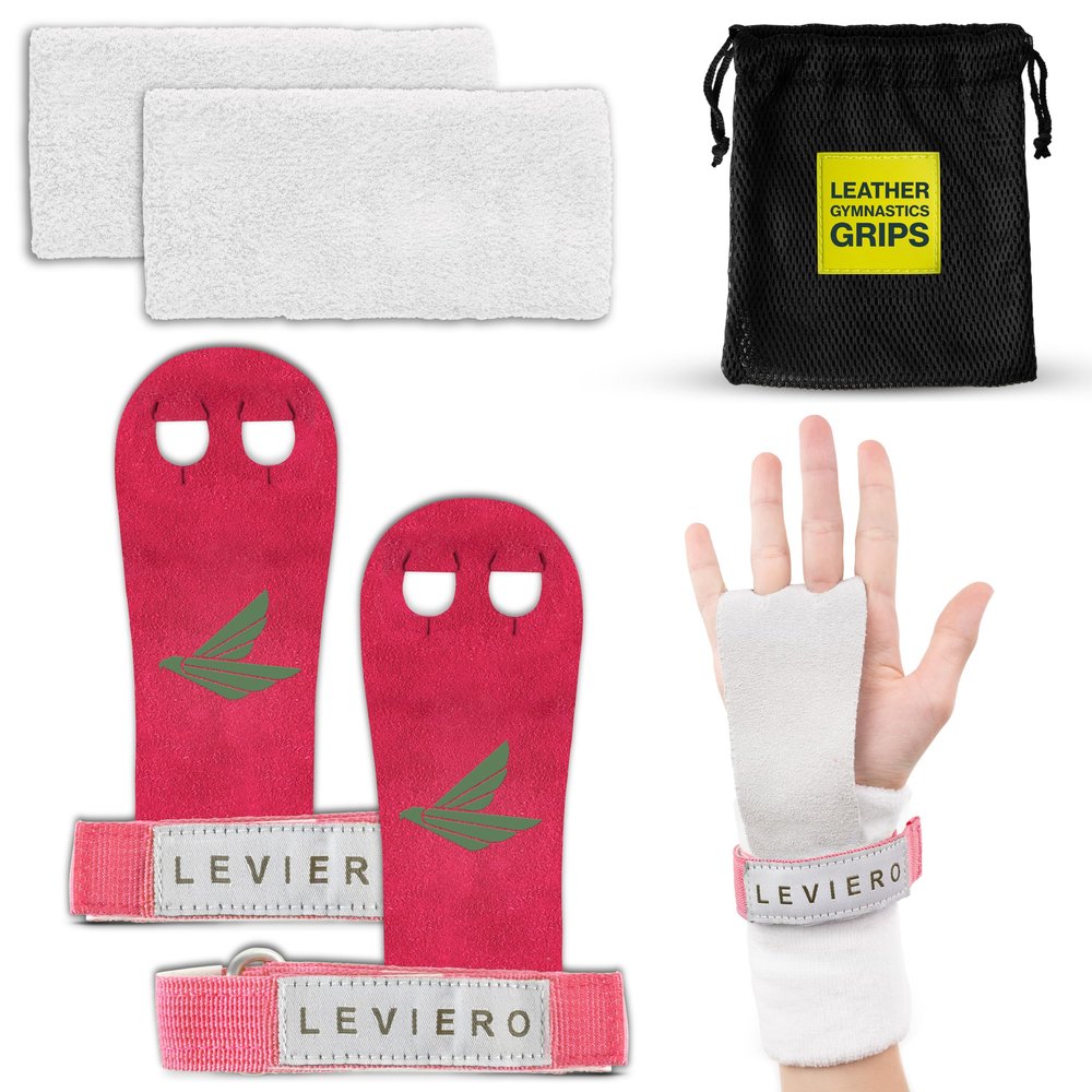 LEVIERO Palmies Gymnastics Grips, Grips for Gymnastics, Multipurpose Soft Leather Grips with Adjustable Finger Holes, Weightlifting, Kettlebell, Cross Training Workouts for All Ages - (Pink, X-Large)