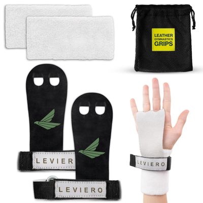 LEVIERO Palmies Gymnastics Grips, Grips for Gymnastics, Multipurpose Soft Leather Grips with Adjustable Finger Holes, Weightlifting, Kettlebell, Cross Training Workouts for All Ages - (Black, Large)