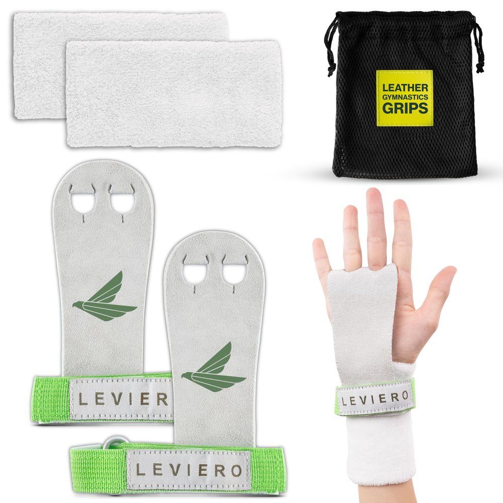 LEVIERO Palmies Gymnastics Grips, Grips for Gymnastics, Multipurpose Soft Leather Grips with Adjustable Finger Holes, Weightlifting, Kettlebell, Cross Training Workouts for All Ages - (White, X-Large)