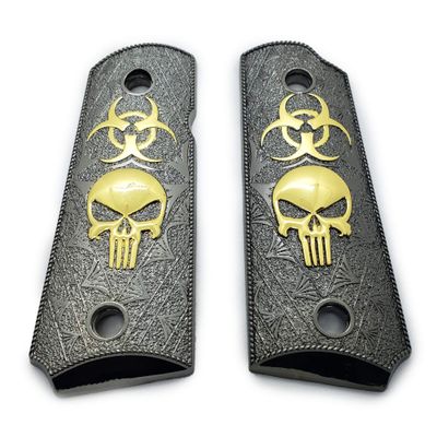 1911 Metal Grips, Screw Included, Compact Officer Grips Skull Biohazard, with Ambi Safety Cut Black Gold