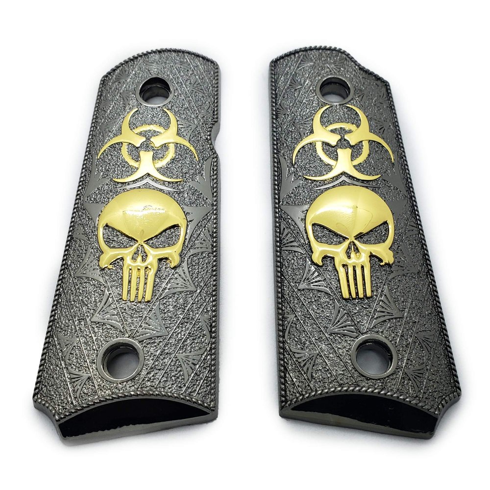 1911 Metal Grips, Screw Included, Compact Officer Grips Skull Biohazard, with Ambi Safety Cut Black Gold