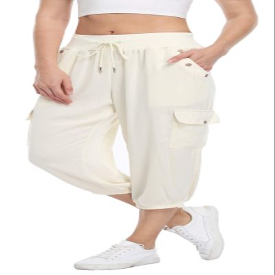 MISS MOLY Women's 2025 Cargo Capris Travel Pants Summer Cropped Loose Harem Pants Sweatpants Joggers with Pockets Beige 2XL