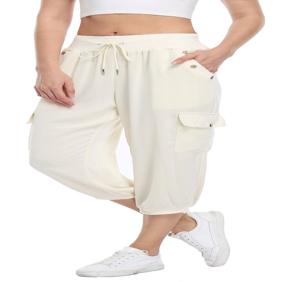 MISS MOLY Women's 2025 Cargo Capris Travel Pants Summer Cropped Loose Harem Pants Sweatpants Joggers with Pockets Beige 2XL