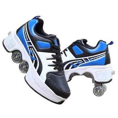Double-Row Deform Wheel Automatic Walking Shoes Invisible Deformation Roller Skate 2 in 1 Removable Pulley Skates Skating Parkour (Blue Black, US 5.5)