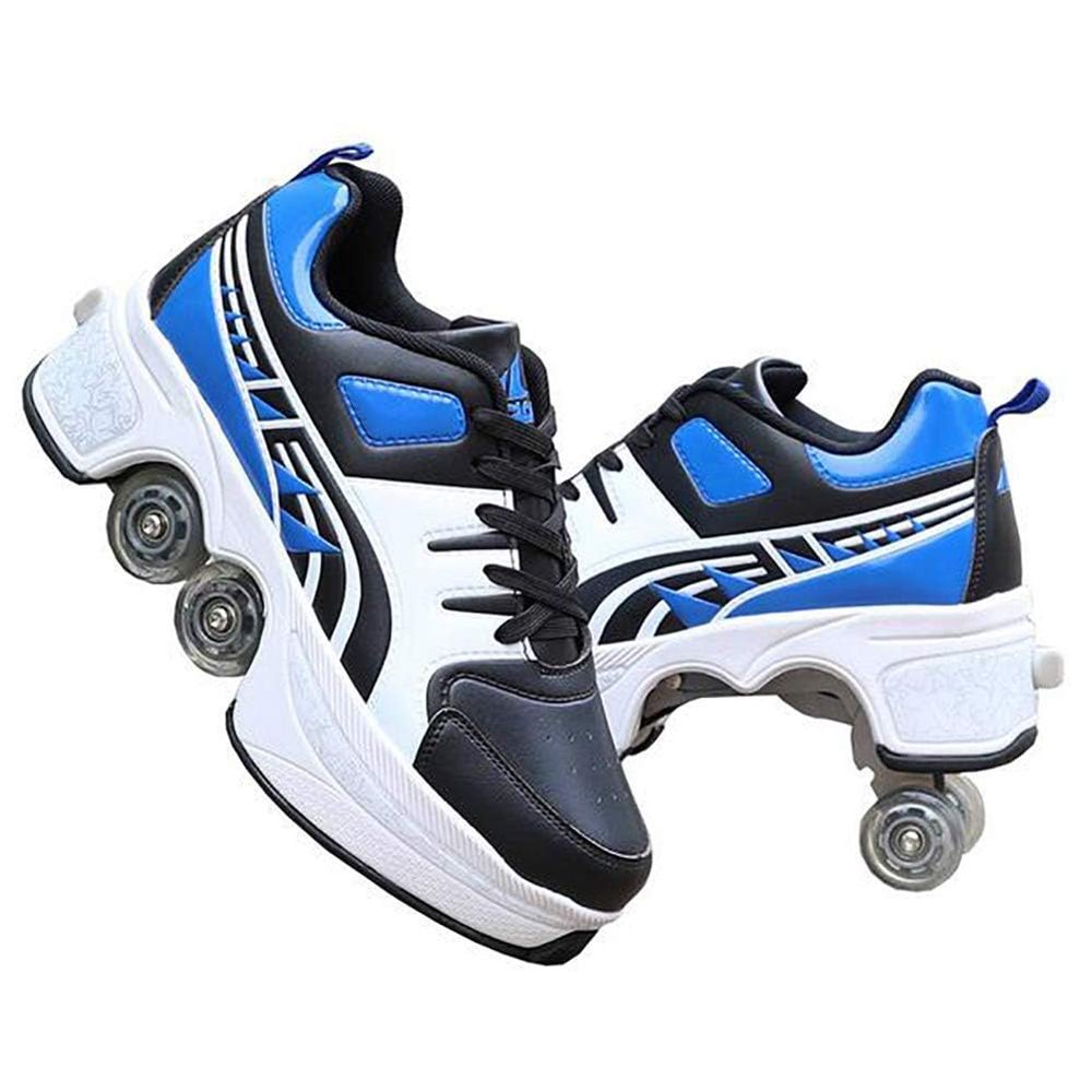 Double-Row Deform Wheel Automatic Walking Shoes Invisible Deformation Roller Skate 2 in 1 Removable Pulley Skates Skating Parkour (Blue Black, US 7.5)