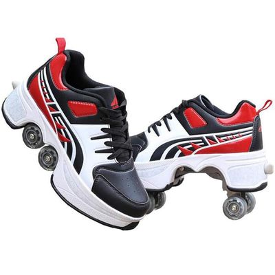 Double-Row Deform Wheel Automatic Walking Shoes Invisible Deformation Roller Skate 2 in 1 Removable Pulley Skates Skating Parkour (RED Black, US 7.5)