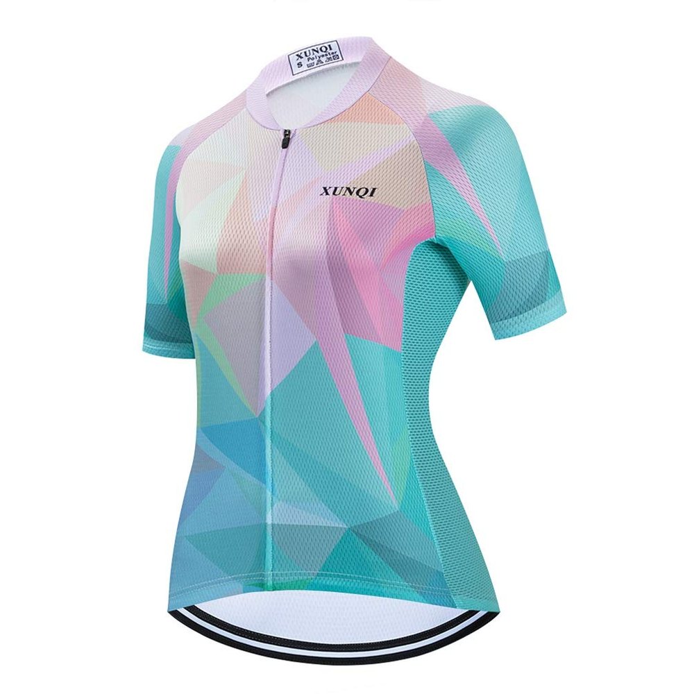 XUNQI Women's Cycling Jersey Short Sleeve Reflective with Rear Zippered Pocket Cyan Light Size XL