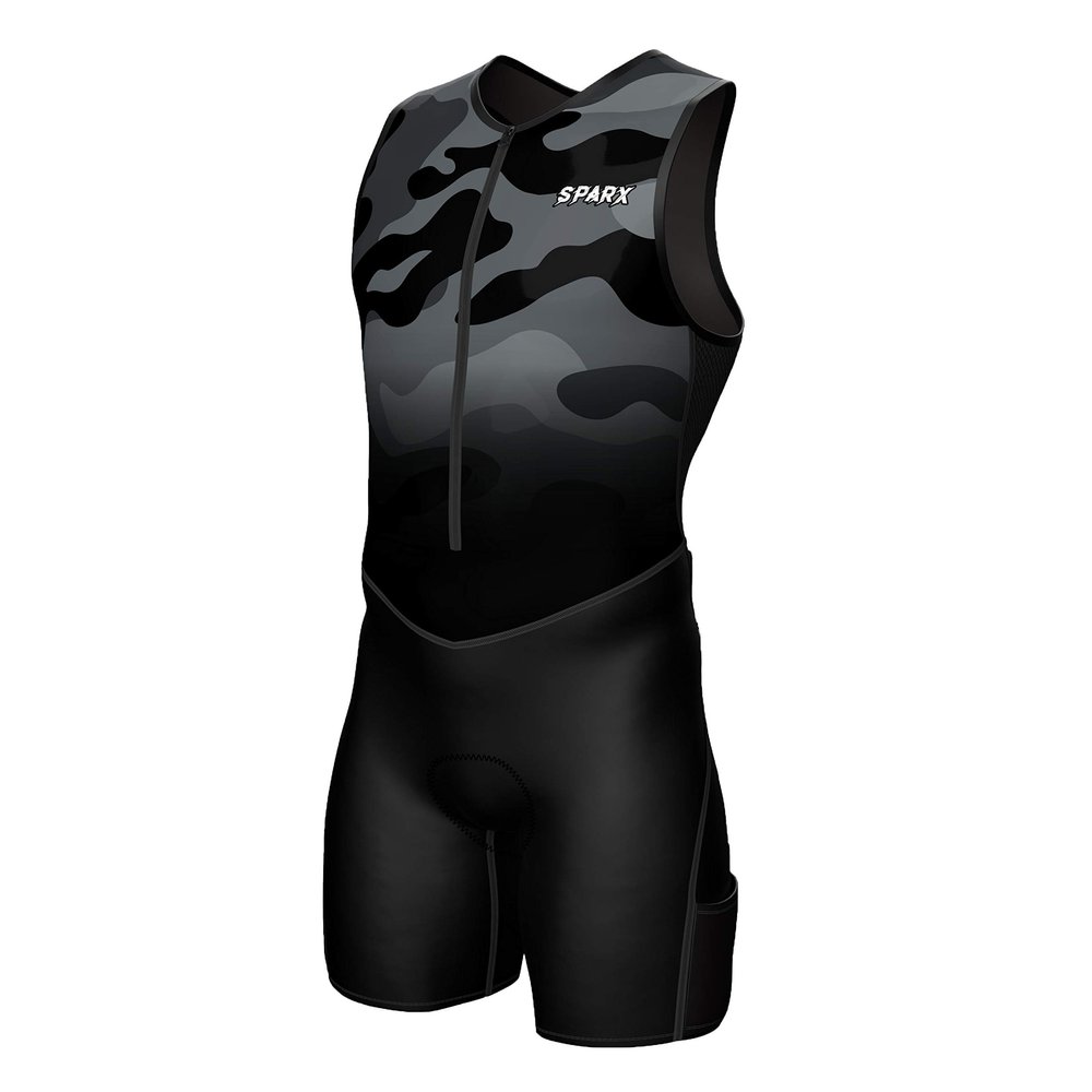 Sparx Men's Premium Triathlon Suit Padded, Quick-Dry, Compression Fit, Lightweight Tri Suit for Swim, Bike, Run Race & Training (Black Camo, Small)
