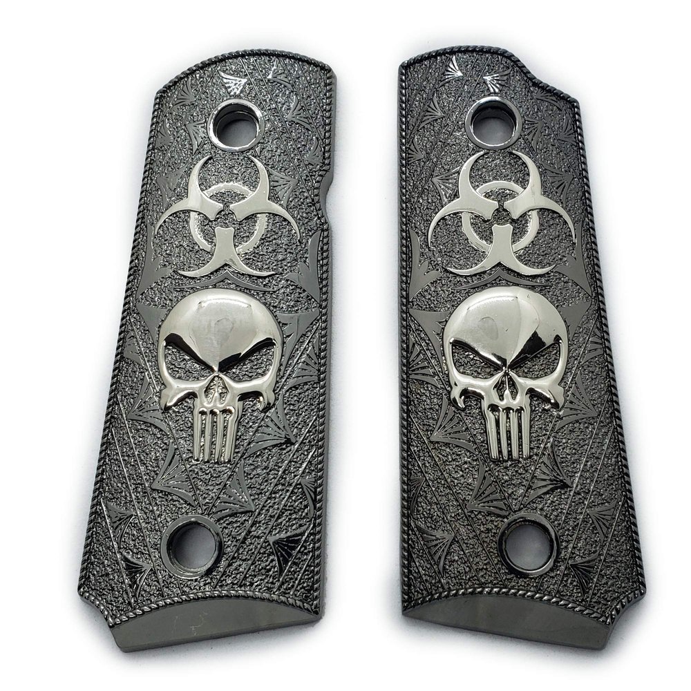 1911 Compact/Officer Grips Skull Biohazard, with Ambi Safety Cut Black Nickel