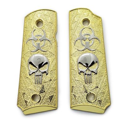 1911 Metal Grips, Screw Included, 1911 Compact/Officer Skull Biohazard, with Ambi Safety Cut Gold Plated