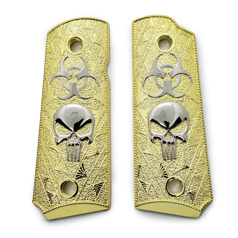 1911 Metal Grips, Screw Included, 1911 Compact/Officer Skull Biohazard, with Ambi Safety Cut Gold Plated