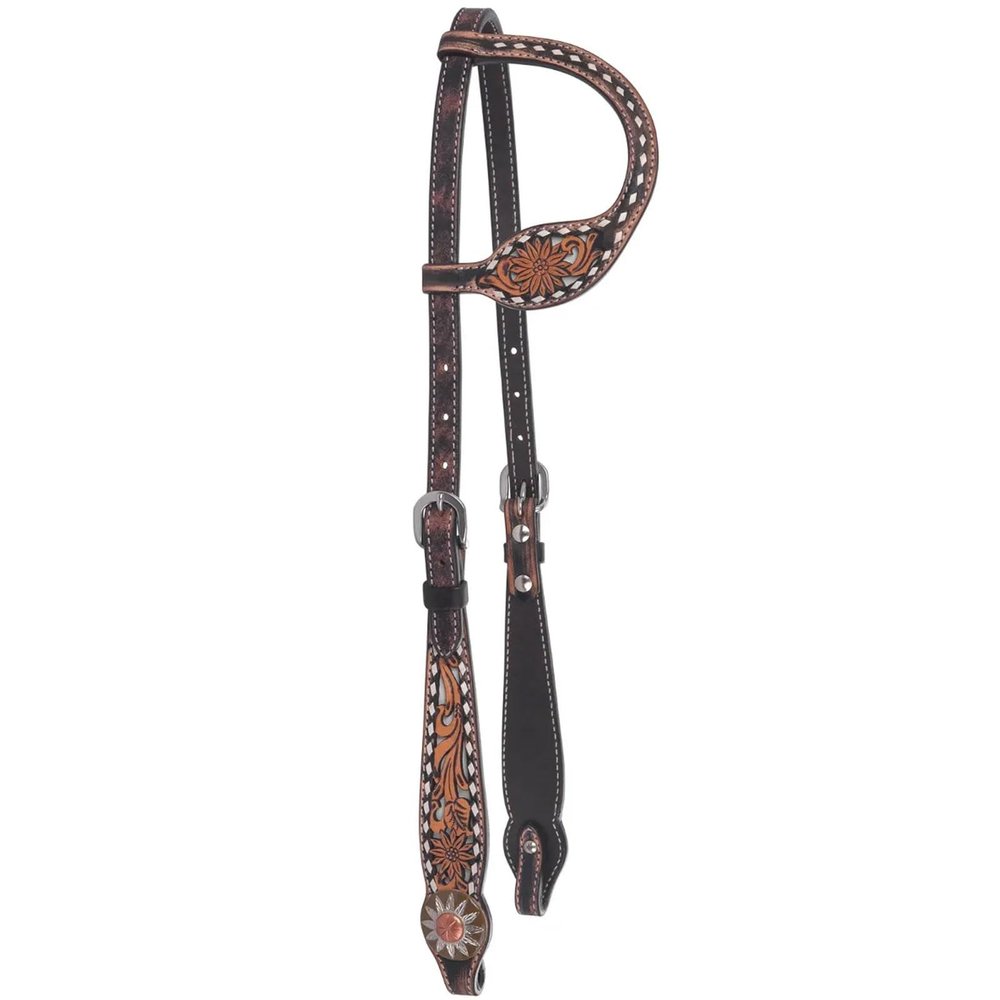 Circle Y White Daisy Filigree Tooling Durable Versatile Western Horse Size Standard Cheek One Ear Headstall | 36" - 43" Headstall Working Length
