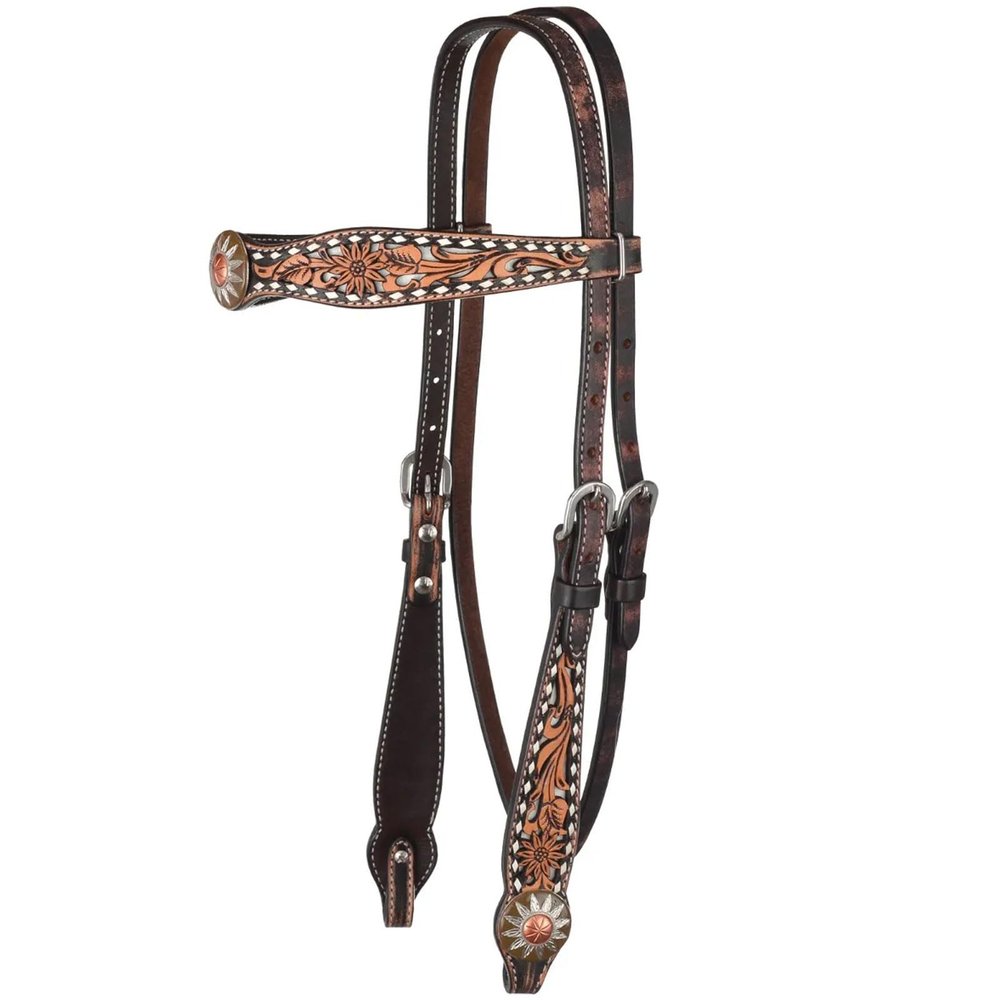 Circle Y White Daisy Filigree Tooling Durable Versatile Western Horse Size Standard Cheek Browband Headstall | 36" - 43" Headstall Working Length
