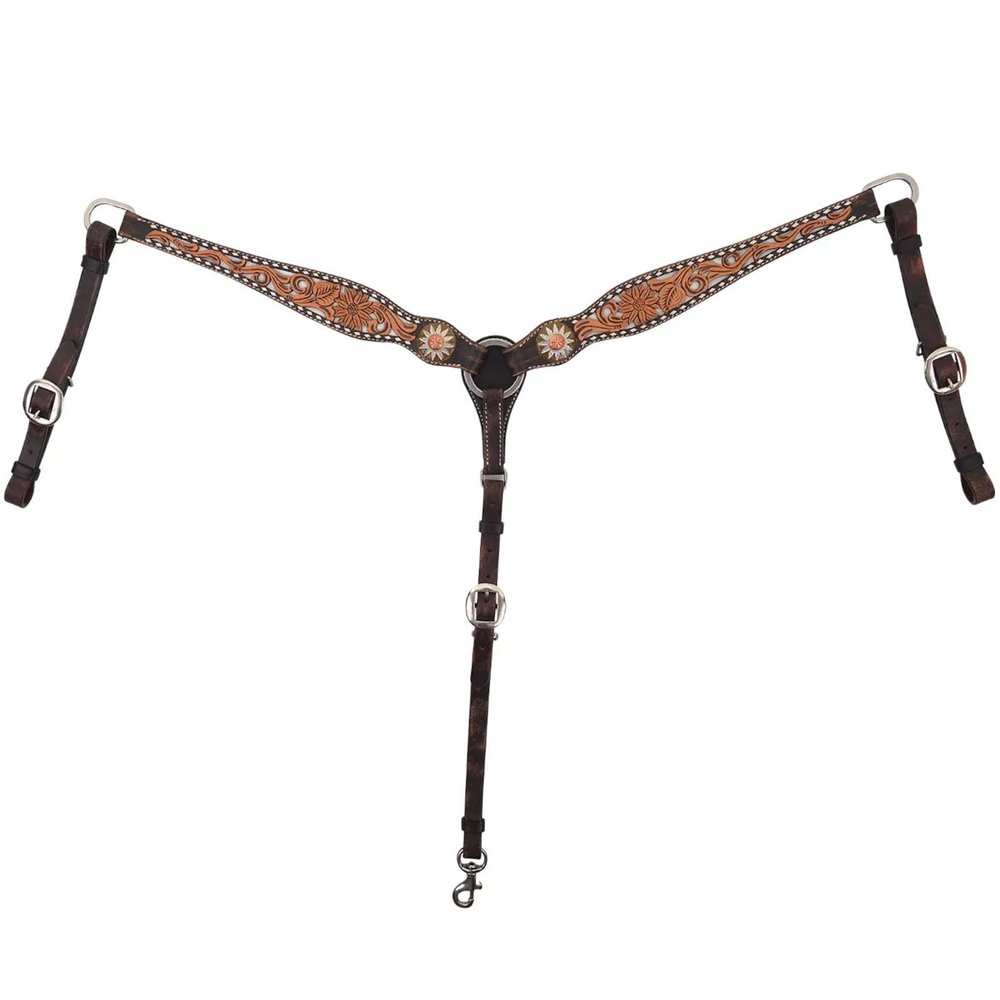 Circle Y White Daisy Filigree Tooling Durable Versatile Western Horse Size Equine Breast Collar with White Buckstitch Lining
