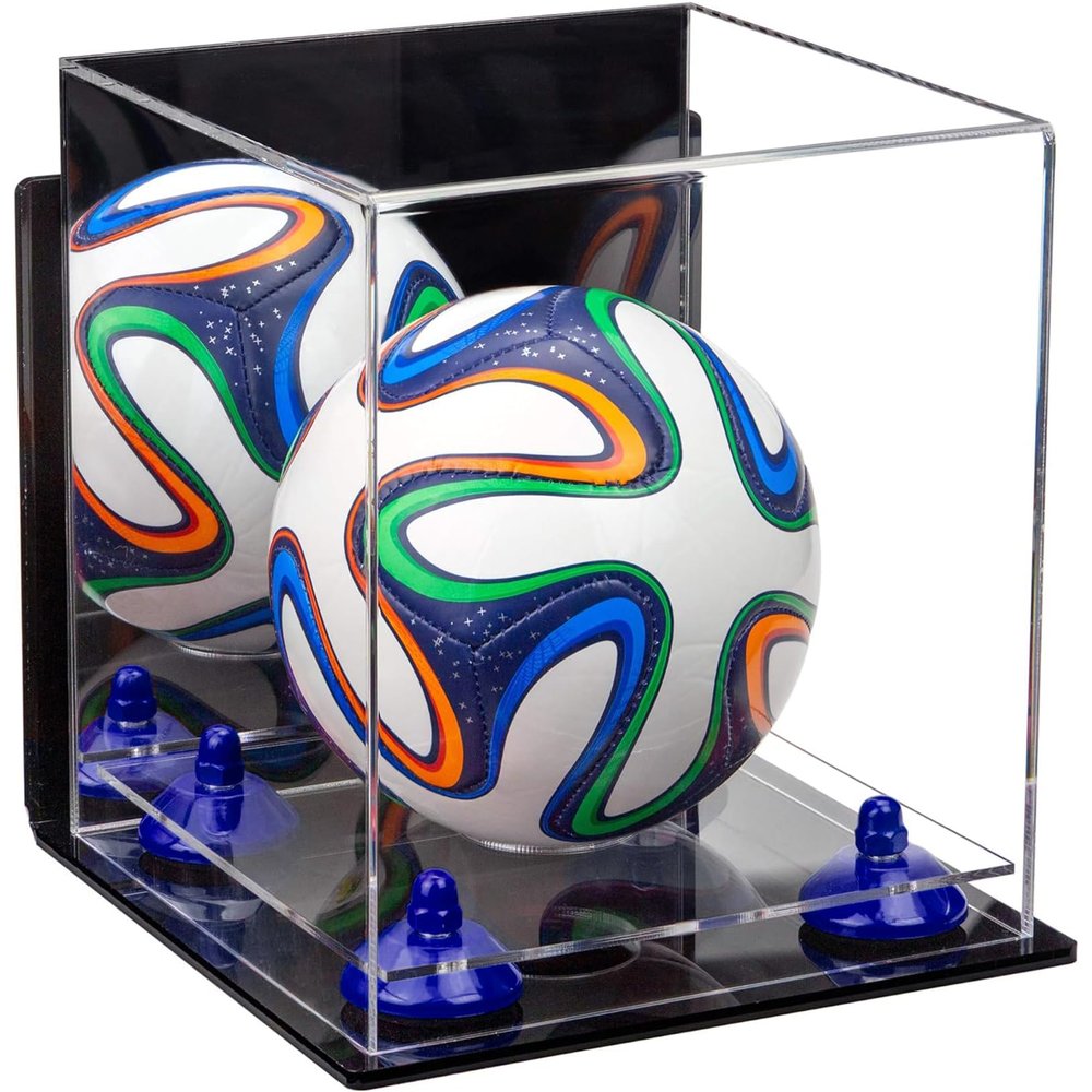 Better Display Cases Acrylic Mini - Miniature (not Full Size) Soccer Ball Display Case with Mirror Case, Dark Blue Risers, Wall Mount and Clear Base (B03/A015)