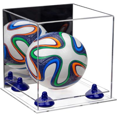 Better Display Cases Acrylic Mini - Miniature (not Full Size) Soccer Ball Display Case with Mirror Case, Dark Blue Risers and Clear Base (B03/A015)