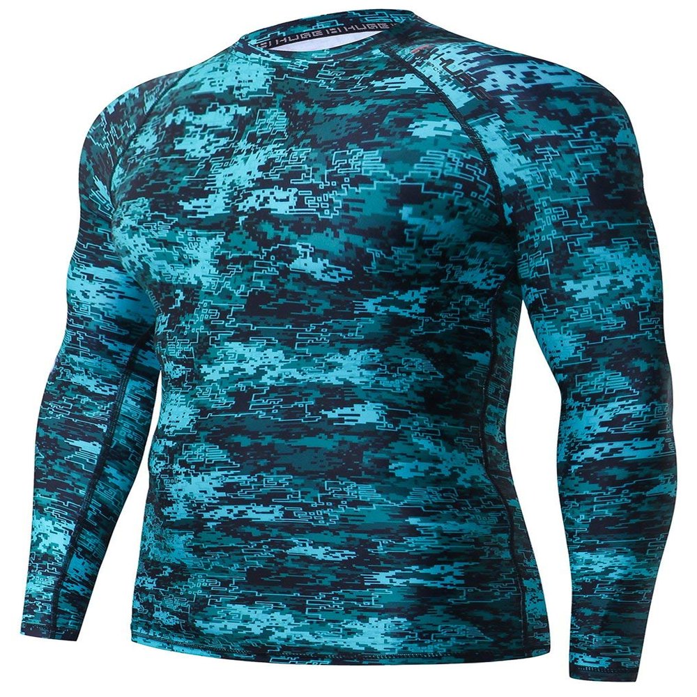ADOREISM Men's Splice Compression Long Sleeve Rash Guard Surf Swim Shirt UV Sun Protection UPF 50+ (Pixel Green, 3XL)