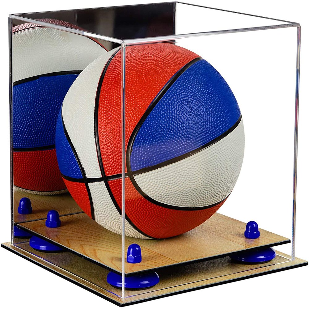 Better Display Cases Acrylic Mini - Miniature (not Full Size) Basketball Display Case - Small Rectangle Box with Mirror Case, Dark Blue Risers and Wood Base 8" x 8" x 8.5" (B03/A015)