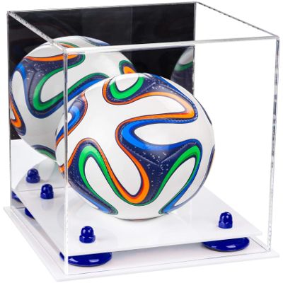 Better Display Cases Acrylic Mini - Miniature (not Full Size) Soccer Ball Display Case with Mirror Case, Dark Blue Risers and White Base (B03/A015)