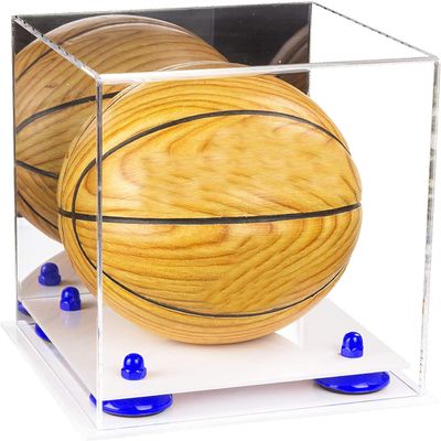 Better Display Cases Acrylic Mini - Miniature (not Full Size) Basketball Display Case - Small Rectangle Box with Mirror Case, Dark Blue Risers and White Base 8" x 8" x 8.5" (B03/A015)