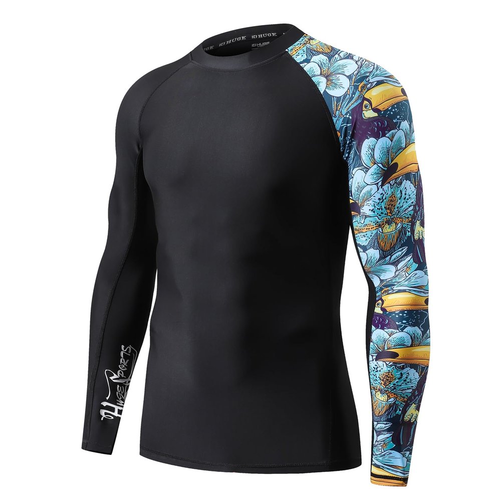 ADOREISM Men's Rash Guard Long Sleeves UPF 50+ Sun Protection Compression Swim Shirts for Men (HeyToucan, M)