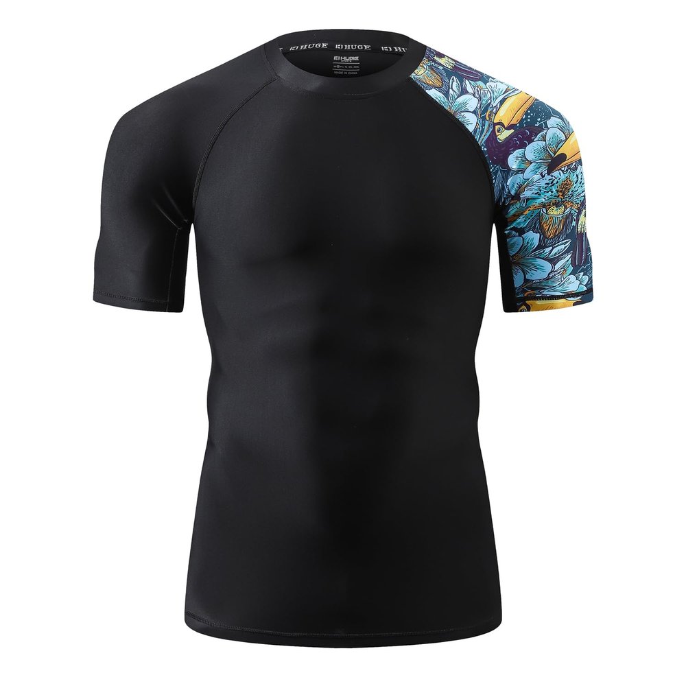 ADOREISM Men's Rash Guard Short Sleeve Quick-Dry UPF 50+ Sun Protection Compression Swim Shirts for Men (HeyToucan, M)