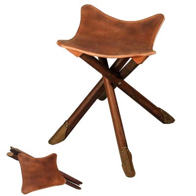 BaiTTang Folding Triangle Stool - Selected First Layer Cowhide + Pure Solid Wood Bracket + Mute Foot Sticker, Handmade Outdoor Hiking Camping Hunting Fishing Chair Tri-Leg Stool (Size : 4-Leg)