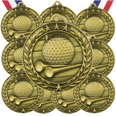10 Pack Golf Gold Medals Trophy Award with Neck Ribbons WAMG-926