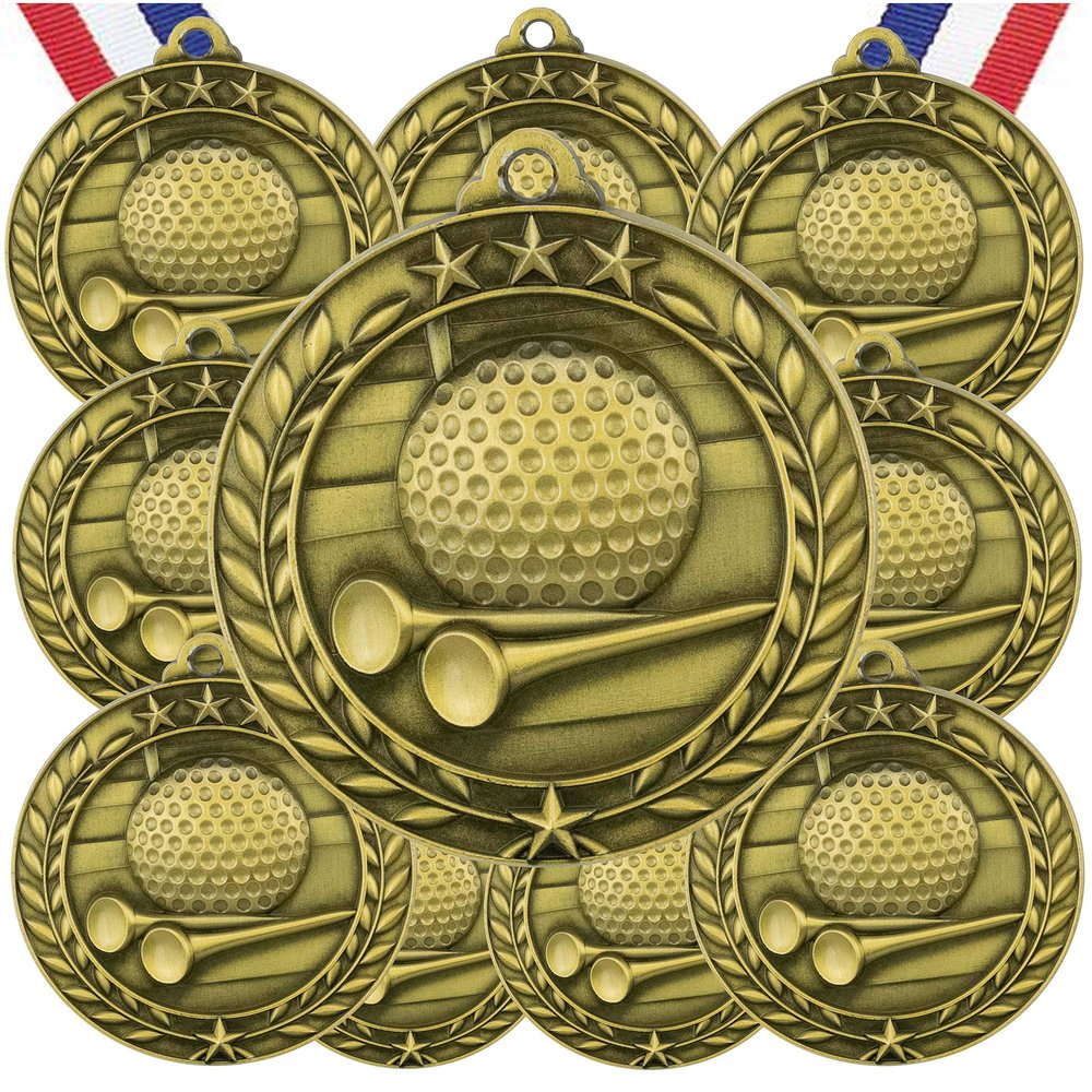 10 Pack Golf Gold Medals Trophy Award with Neck Ribbons WAMG-926