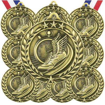 10 Pack Track Gold Medals Trophy Award with Neck Ribbons WAMG-976
