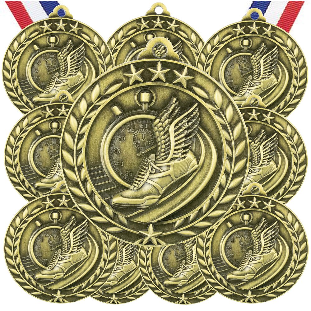 10 Pack Track Gold Medals Trophy Award with Neck Ribbons WAMG-976