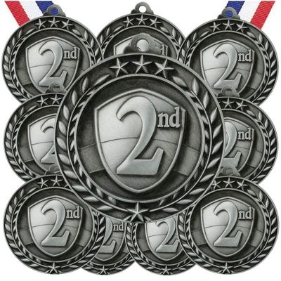 10 Pack 2nd Place Silver Medals Trophy Award with Neck Ribbons WAMG-992