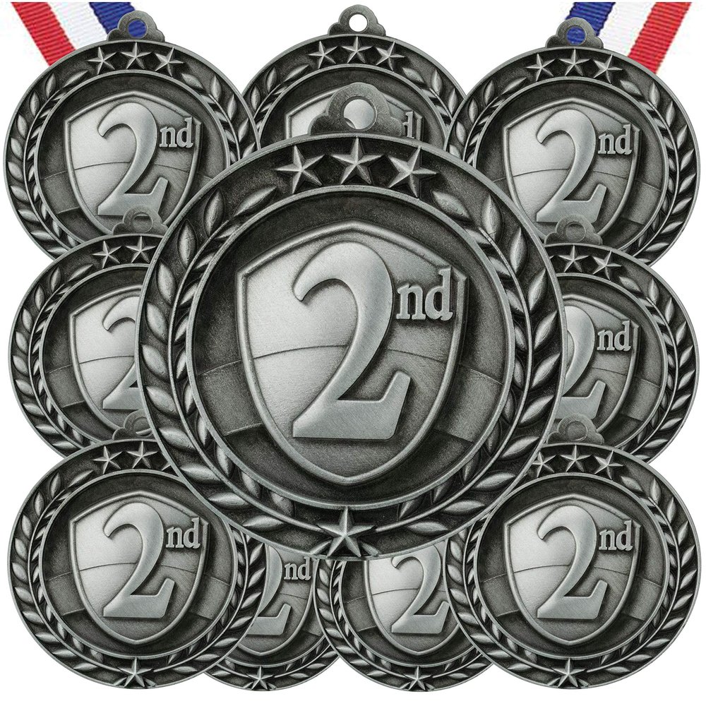 10 Pack 2nd Place Silver Medals Trophy Award with Neck Ribbons WAMG-992