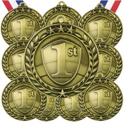 10 Pack 1st Place Gold Medals Trophy Award with Neck Ribbons WAMG-991