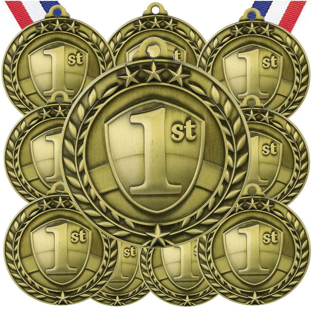 10 Pack 1st Place Gold Medals Trophy Award with Neck Ribbons WAMG-991