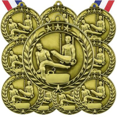 10 Pack Male Gymnastics Gold Medals Trophy Award with Neck Ribbons WAMG-929
