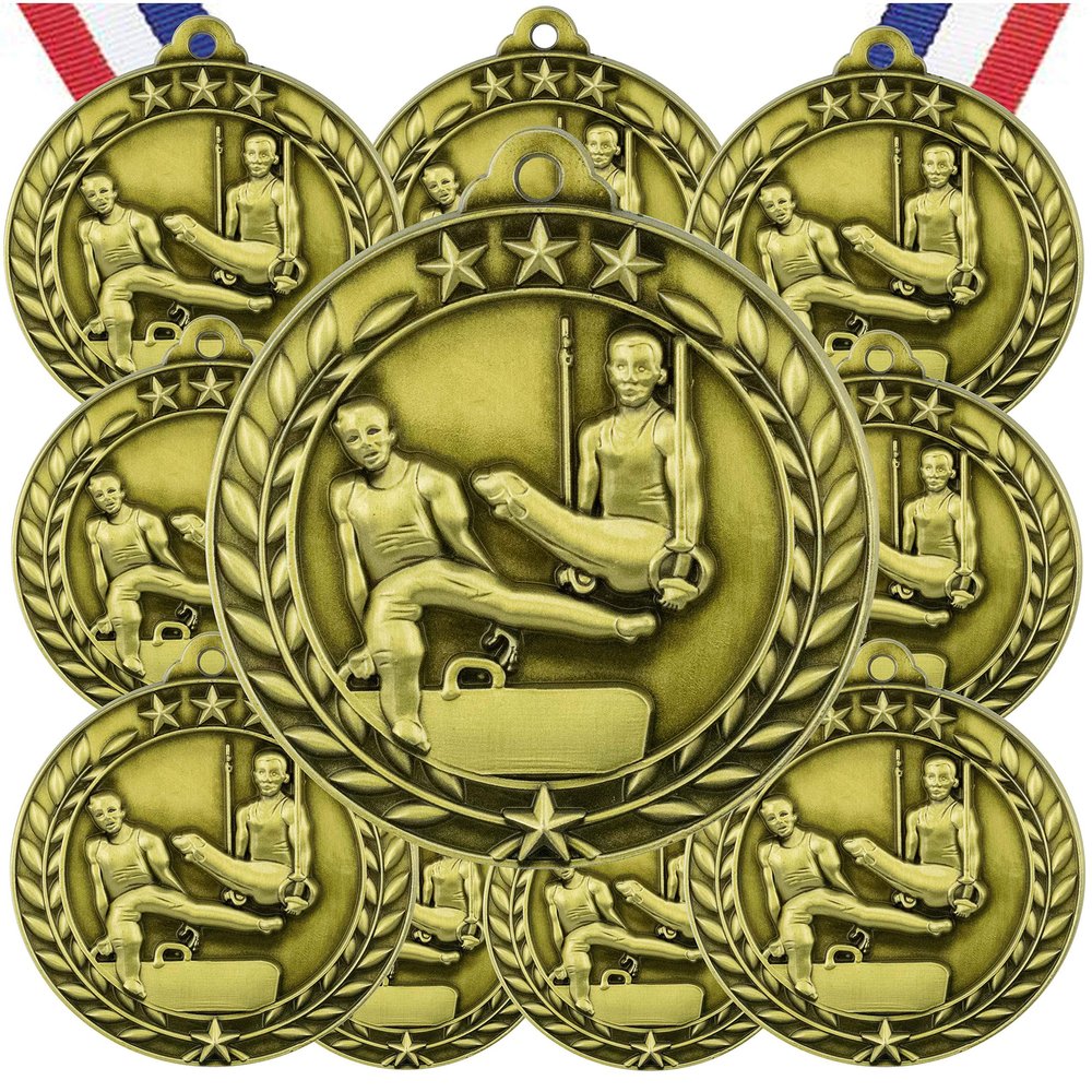 10 Pack Male Gymnastics Gold Medals Trophy Award with Neck Ribbons WAMG-929