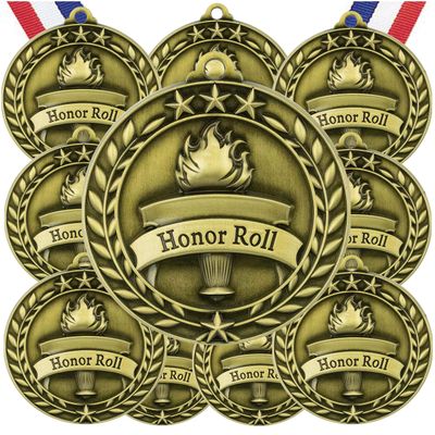 10 Pack Honor Roll Gold Medals Trophy Award with Neck Ribbons WAMG-998