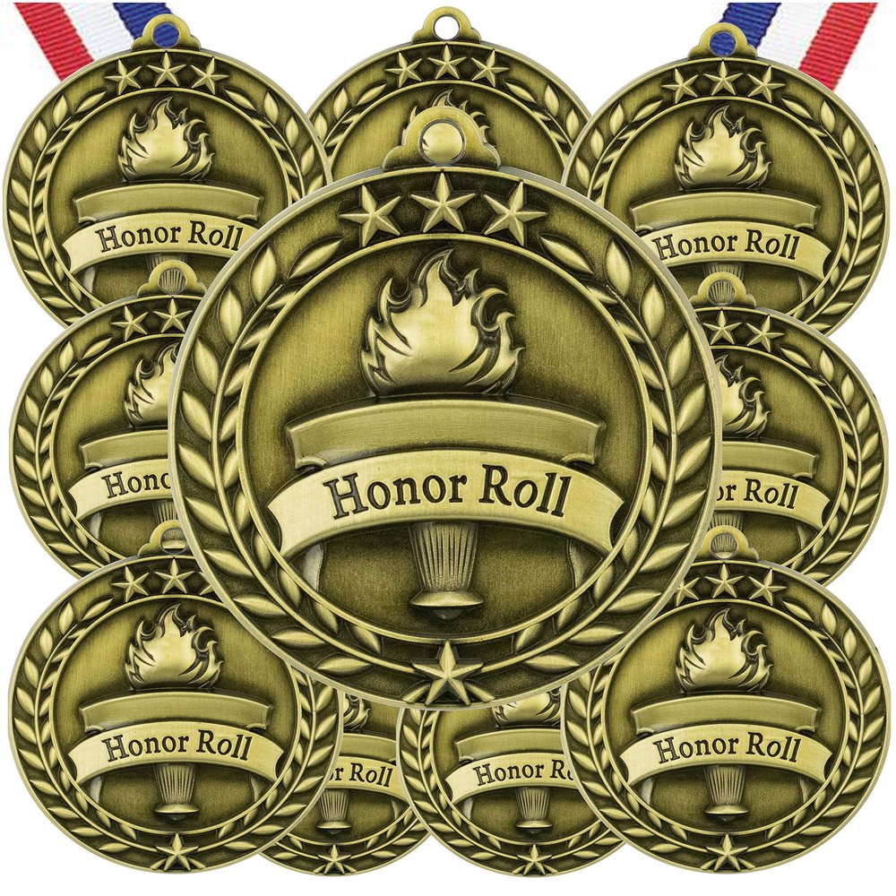 10 Pack Honor Roll Gold Medals Trophy Award with Neck Ribbons WAMG-998