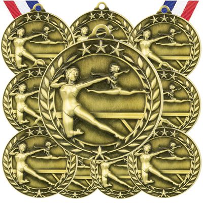 10 Pack Female Gymnastics Gold Medals Trophy Award with Neck Ribbons WAMG-928