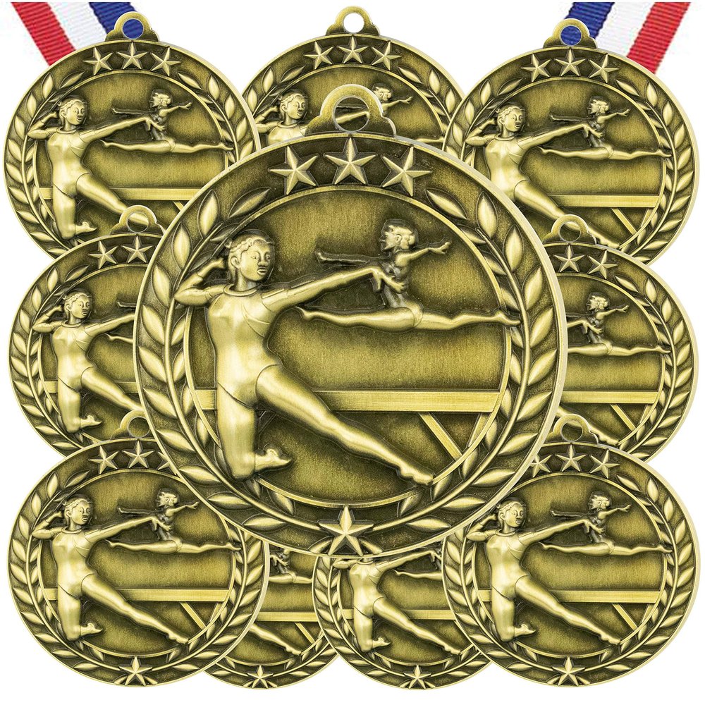 10 Pack Female Gymnastics Gold Medals Trophy Award with Neck Ribbons WAMG-928