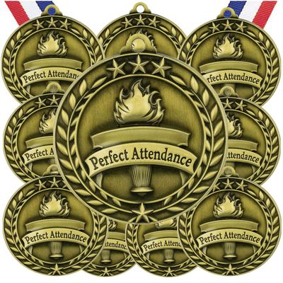 10 Pack Perfect Attendance Gold Medals Trophy Award with Neck Ribbons WAMG-999