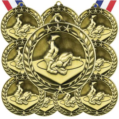 10 Pack Wrestling Gold Medals Trophy Award with Neck Ribbons WAMG-990