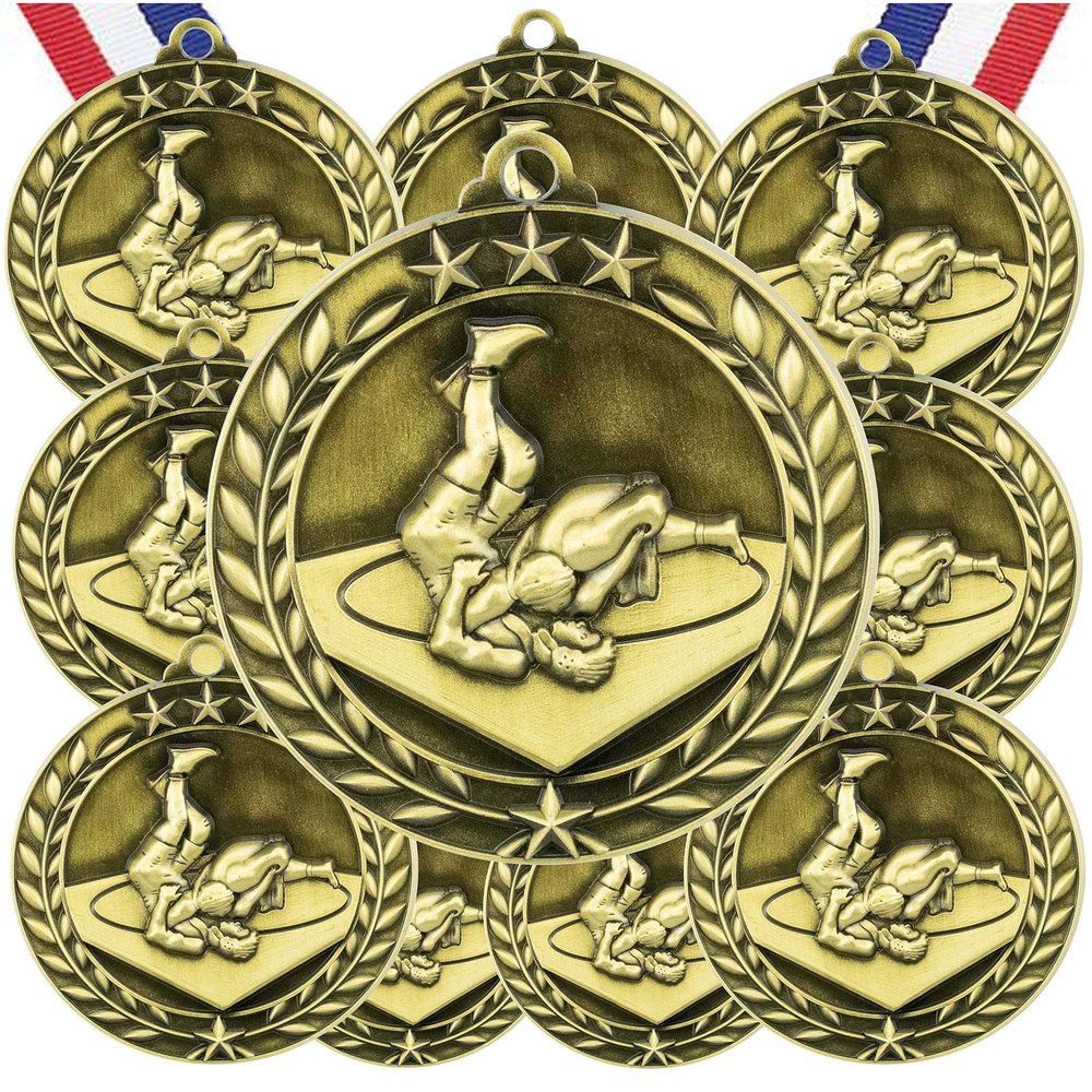 10 Pack Wrestling Gold Medals Trophy Award with Neck Ribbons WAMG-990