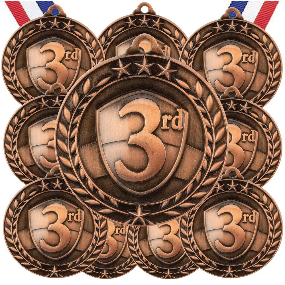 10 Pack 3rd Place Bronze Medals Trophy Award with Neck Ribbons WAMG-993