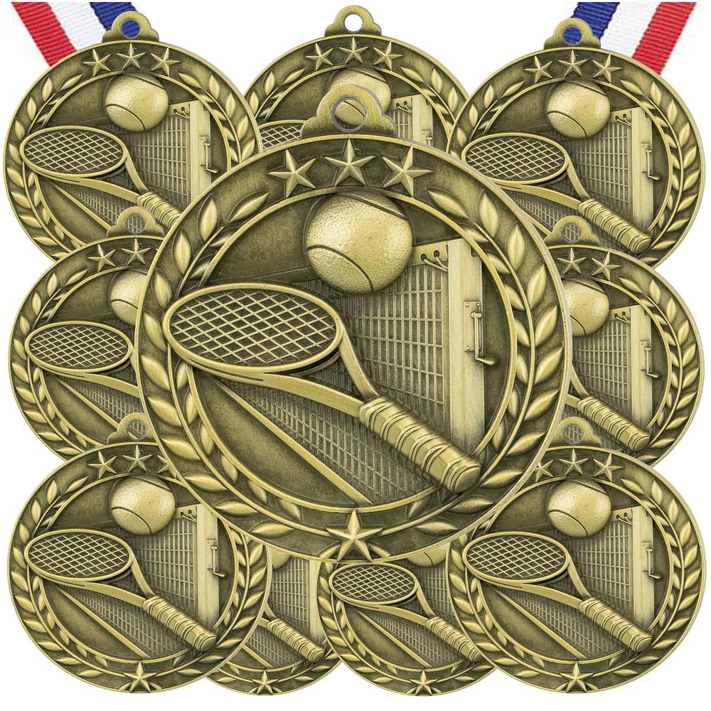 10 Pack Tennis Gold Medals Trophy Award with Neck Ribbons WAMG-974
