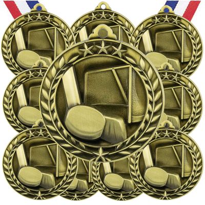 10 Pack Hockey Gold Medals Trophy Award with Neck Ribbons WAMG-931
