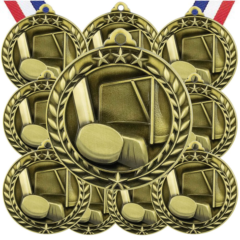 10 Pack Hockey Gold Medals Trophy Award with Neck Ribbons WAMG-931